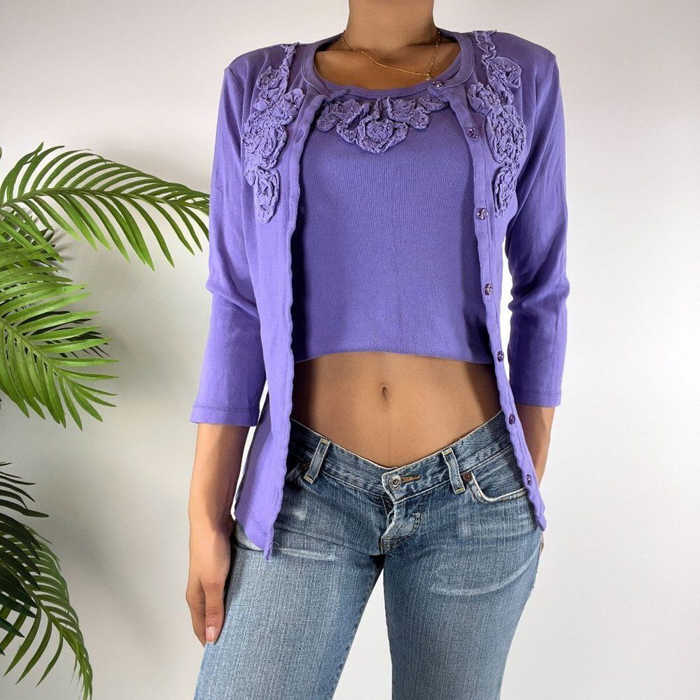 Vintage Y2K Purple FloralāCottagecore Cardigan & Tank Top Set / Size: M - Picture 4 of 5